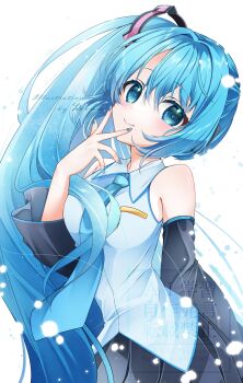 Rule 34 | 1girl, alternate hairstyle, aqua eyes, aqua hair, aqua nails, aqua necktie, aqua trim, artist name, bare shoulders, black skirt, black sleeves, blush, breasts, closed mouth, collared shirt, commentary request, detached sleeves, fujishiro kazuha, grey shirt, hair between eyes, hair ornament, hair over shoulder, hand up, hatsune miku, hatsune miku (noodle stopper), head tilt, headphones, highres, long hair, long sleeves, looking at viewer, medium breasts, meme, necktie, pleated skirt, shirt, side ponytail, sidetail miku noodle stopper (meme), simple background, skirt, sleeveless, sleeveless shirt, smile, solo, twitter username, upper body, very long hair, vocaloid, watermark, white background, wide sleeves