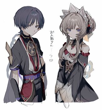 1boy 1girl armor arms_at_sides black_collar black_dress black_hair black_kimono black_shirt black_shorts black_sleeves blonde_hair blunt_bangs blunt_ends breasts cable cleavage closed_mouth collar collarbone cropped_legs detached_collar detached_sleeves dress expressionless frilled_sleeves frills genshin_impact gloves gold hair_bun hand_on_own_hip heart highres inagoinaire japanese_armor japanese_clothes jewelry juban kimono kote kurokote layered_sleeves looking_at_viewer mitsudomoe_(shape) neck_ring o-ring open_clothes open_kimono own_hands_together purple_eyes purple_sash purple_sleeves red_kimono red_sash red_sleeves sandrone_(genshin_impact) sash scaramouche_(genshin_impact) shirt short_hair short_hair_with_long_locks short_sleeves shorts sidelocks single_sode sketch small_breasts swept_bangs tomoe_(symbol) translation_request tsurime turtleneck turtleneck_shirt underbust white_background white_gloves white_headdress white_kimono white_sleeves white_trim wide_sleeves