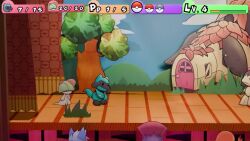 :d animated arrow_(symbol) audible_music audience blender_(medium) bow charmander closed_mouth commentary curtains english_text espeon fleeing from_side gen_1_pokemon gen_2_pokemon gen_3_pokemon gen_4_pokemon gen_5_pokemon gen_7_pokemon lucario mario_(series) mawile mimikyu nintendo open_mouth paper_mario paper_mario:_the_thousand-year_door parody pikachu pink_bow poke_ball_symbol pokemon pokemon_(creature) pokemon_battle ralts riolu smile snivy sound speech_bubble spyrook stage standing tagme talking tinkaton umbreon video watching weavile