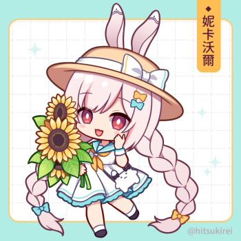 Rule 34 | 1girl, :d, animal ears, bag, black shoes, blue border, blue bow, blue sailor collar, blush stickers, border, bow, braid, brown hat, chibi, commentary request, dress, ears through headwear, flower, full body, grey hair, grid background, hair bow, hat, hat bow, hitsuki rei, indie virtual youtuber, long hair, low twintails, nica wolper, open mouth, pleated dress, rabbit ears, red eyes, sailor collar, sailor dress, shoes, shoulder bag, smile, socks, solo, standing, standing on one leg, sunflower, translation request, twin braids, twintails, twitter username, very long hair, virtual youtuber, white background, white bow, white dress, white socks, yellow bow, yellow flower