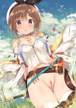 1girl :o arms_behind_back atelier_(series) atelier_ryza bare_shoulders belt belt_buckle beret black_ribbon blue_sky blue_vest blush bottomless breasts brown_belt brown_eyes brown_gloves brown_hair buckle cleft_of_venus clothing_cutout cloud cloudy_sky collarbone commentary_request day drawstring dutch_angle female_focus flask gloves grass hair_between_eyes hair_ornament hairclip hat highres jacket jewelry leather leather_belt leather_gloves long_sleeves navel necklace no_panties nude_filter open_clothes open_jacket outdoors parted_lips puffy_long_sleeves puffy_sleeves pussy reisalin_stout ribbon round-bottom_flask shiny_skin shirt short_hair shoulder_cutout single_glove sky sleeveless sleeveless_jacket solo thighhighs thighs third-party_edit tomoo_(tomo) uncensored vest vial white_hat white_shirt white_thighhighs wind yellow_jacket