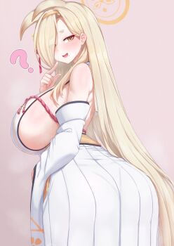 1girl ? animal_ears ass asymmetrical_bangs back bare_shoulders blonde_hair blue_archive blush breasts cream_cod detached_sleeves extra_ears eyeliner fox_ears hair_over_one_eye hairband halo huge_breasts japanese_clothes kaho_(blue_archive) kimono long_hair long_skirt looking_at_viewer looking_back low-tied_long_hair makeup open_mouth pleated_skirt red_rope rope sash short_eyebrows sideboob skirt sleeveless sleeveless_kimono smile solo steaming_body thick_eyebrows variant_set very_long_hair white_kimono white_skirt wide_hips wide_sleeves yellow_eyes