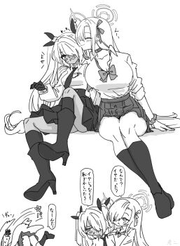 2girls asuna_(blue_archive) asuna_(school_uniform)_(blue_archive) black_boots black_shoes black_socks blue_archive blush boots bow bowtie breasts choker cleavage collarbone commentary_request dark-skinned_female dark_skin gloves grey_hair hair_over_one_eye halo hand_on_another's_shoulder high_heels iori_(blue_archive) large_breasts leg_up long_hair looking_at_another medium_breasts monochrome multiple_girls necktie nishino_hikoji scrunchie shirt shoes sitting skirt sleeves_rolled_up smelling smile socks thighs twintails very_long_hair white_shirt wrist_scrunchie yuri