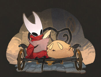 1girl arthropod_girl black_skin cloak colored_skin fangs flea_(hollow_knight) full_body holding holding_map holding_quill hollow_eyes hollow_knight hollow_knight:_silksong horned_mask hornet_(hollow_knight) map mask no_humans no_mouth on_bench open_mouth quill red_cloak simple_background sitting white_mask wraith615