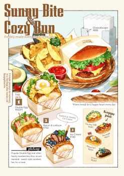 Rule 34 | avocado, bacon, baguette, blueberry, bread, burger, cheese, chocolate, croissant, dessert, english text, engrish text, fancy dessert, fast food, food, food focus, food wrapper, fried egg, fruit, highres, hot dog, ice cream, ketchup, koppepan, lettuce, meat, napkin, original, potato wedges, ranguage, sandwich, sesame seeds, somemachi, tomato, tomato slice