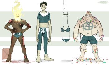 1girl 3boys absurdres artist_name bald barefoot ben_grimm bikini black_hair blue_bikini blue_shorts brother_and_sister burning burnt commentary covered_erect_nipples english_commentary facial_hair fantastic_four fat fat_man flaming_head gas_can glasses grin hands_on_own_hips highres husband_and_wife injury johnny_storm koralldiz major_injury_underreaction male_swimwear marvel multiple_boys navel parody red_eyes reed_richards rock shorts siblings smile stretch_marks stubble sue_storm sunglasses swim_briefs swimsuit teeth toned toned_male what