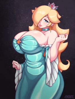 aqua_dress blonde_hair blue_eyes breasts choker crown dress dyonite earrings hair_over_one_eye half-closed_eyes huge_breasts jewelry long_hair mario_(series) nintendo rosalina sky space star_(sky) star_(symbol) star_earrings starry_sky