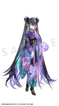 1girl absurdres aqua_hair bubble colored_inner_hair floral_print floral_print_kimono goddess_of_victory:_nikke hair_intakes highres japanese_clothes kimono little_mermaid_(nikke) long_hair multicolored_hair official_alternate_costume official_art print_kimono salmon88 smile solo very_long_hair yellow_eyes