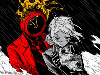 Rule 34 | 1girl, 1other, blood, blood on face, clock, coat, crossover, dante (limbus company), fire, flaming head, formal clothes, freckles, hair bun, highres, hyojin en, limbus company, necktie, object head, project moon, rain, red coat, red necktie, reverse:1999, serious, suit, vertin (reverse:1999), wind