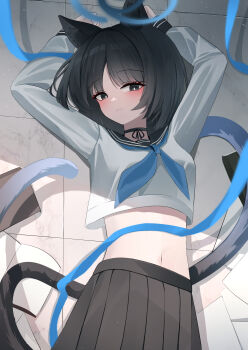 1girl absurdres animal_ear_fluff animal_ears arms_behind_head black_choker black_hair black_ribbon black_sailor_collar black_skirt blue_archive blue_eyes blue_halo blue_neckerchief blue_ribbon blurry blush bright_pupils cat_ears cat_girl choker closed_mouth clothes_lift commentary cowboy_shot depth_of_field eyelashes eyes_visible_through_hair hair_between_eyes halo highres indoors kikyou_(blue_archive) long_ribbon long_sleeves lunar_(pixiv53683306) medium_hair navel neck_ribbon neckerchief on_floor paper pleated_skirt ribbon sailor_collar shirt shirt_lift skirt smile solo split_mouth stomach straight_hair tile_floor tiles tsurime white_pupils white_shirt