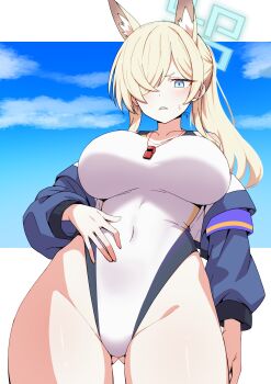 1girl absurdres animal_ear_fluff animal_ears aqua_halo arm_at_side armband between_breasts blonde_hair blue_archive blue_armband blue_eyes blue_jacket blue_sky blush border breasts cloud collarbone commentary_request competition_swimsuit covered_navel cowboy_shot day dog_ears extra_ears from_below frown gluteal_fold groin half-closed_eye halo hand_on_own_stomach high_ponytail highleg highleg_one-piece_swimsuit highres hip_bones jacket kamidan kanna_(blue_archive) kanna_(swimsuit)_(blue_archive) large_breasts letterboxed long_hair long_sleeves looking_at_viewer looking_down off_shoulder official_alternate_costume one-piece_swimsuit open_clothes open_jacket outdoors outside_border parted_bangs parted_lips ponytail sharp_teeth sidelocks sky slit_pupils solo straight_hair sweatdrop swimsuit teeth thighs track_jacket two-sided_fabric two-sided_jacket v-shaped_eyebrows whistle whistle_around_neck white_border white_one-piece_swimsuit