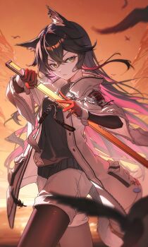 1girl absurdres animal_ear_fluff animal_ears arknights black_gloves black_hair black_shirt brown_pantyhose chinese_commentary coat colored_inner_hair commentary cowboy_shot day dusk enoharatoki evening film_grain fur_trim glint gloves highres holding holding_sword holding_weapon jewelry multicolored_hair official_alternate_costume orange_eyes outdoors pantyhose pendant pink_hair red_gloves revision shirt shorts solo standing star_(symbol) sunlight sword texas_(arknights) texas_(winter_messenger)_(arknights) two-tone_hair unzipped weapon white_coat white_shorts wolf_ears wolf_girl zipper