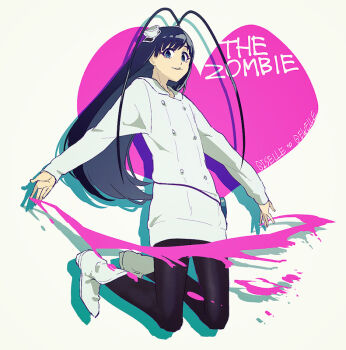 1boy antenna_hair black_hair black_pantyhose bleach bleach:_sennen_kessen-hen blue_eyes boots character_name commentary_request dress giselle_gewelle hat heart long_hair male_focus mini_hat nigatsumikka pantyhose sleeves_past_wrists solo tilted_headwear trap very_long_hair white_boots white_dress