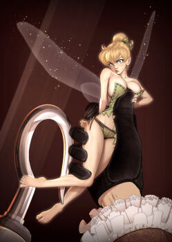 1boy 1girl absurdres alternate_breast_size_(larger) alternate_costume bare_legs bare_shoulders barefoot black_gloves blonde_hair blue_eyes blush breasts brown_background captain_hook closed_mouth commentary dress fairy fairy_wings feet frilled_sleeves frills gloves green_dress green_panties green_ribbon hair_ribbon highres holding hook_hand kusujinn large_breasts legs lips looking_at_viewer mini_person minigirl panties pov ribbon short_dress strapless strapless_dress symbol-only_commentary tinker_bell_(disney) toenails toes underwear v-shaped_eyebrows walt_disney&#039;s_peter_pan wings