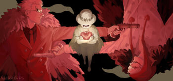 3boys black_coat black_shirt blonde_hair brothers coat collared_shirt crying devil_fruit donquixote_doflamingo donquixote_rocinante formal_clothes gun hat heart heart_print highres holding holding_gun holding_weapon makeup male_focus multiple_boys nagasleeps necktie one_piece open_mouth pink_coat pink_shirt red_necktie red_suit shirt short_hair siblings suit sunglasses teeth torn_clothes trafalgar_law weapon white_hat