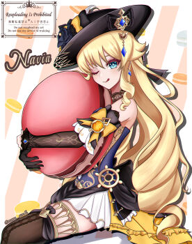 Rule 34 | 1girl, ;), ;q, absurdres, azuazumomoka, bare shoulders, black gloves, black hat, blonde hair, blue eyes, character name, commentary request, detached sleeves, dress, drill hair, drill sidelocks, food, genshin impact, gloves, hat, highres, holding, long hair, long sleeves, looking at viewer, macaron, navia (genshin impact), one eye closed, revision, sidelocks, sitting, smile, solo, thighhighs, tongue, tongue out, very long hair