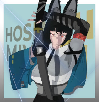 1girl animal_ears armored_arm belt black_hair black_skirt black_tie blue_coat bracelet cape coat dynamic_pose fingerless_gloves fur_trim gloves highres holding holding_weapon hoshimi_miyabi jewelry kotochi leg_strap looking_at_viewer red_bracelet red_eyes serious_expression shirt skirt solo upper_body weapon white_shirt wolf_ears zenless_zone_zero