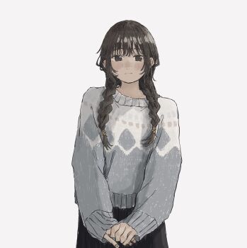 1girl black_eyes black_hair black_skirt braid expressionless highres izumi_mizu1001 looking_at_viewer original own_hands_together simple_background skirt solo standing sweater twin_braids white_background white_sweater