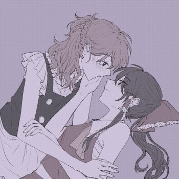 2girls alternate_hairstyle apron ascot black_vest blonde_hair blush bow braid brown_hair chest_sarashi earrings eye_contact frilled_bow frilled_hair_tubes frills hair_bow hair_tubes hakurei_reimu hand_on_another's_cheek hand_on_another's_face hitte5416 jewelry kirisame_marisa long_hair looking_at_another multiple_girls no_headwear red_bow red_skirt sarashi short_sleeves skirt skirt_set star_(symbol) star_earrings touhou vest waist_apron white_apron yellow_ascot yuri