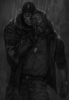 2boys absurdres bara belt black_gloves call_of_duty call_of_duty:_modern_warfare_2 camouflage camouflage_pants facepaint facial_hair ghost_(modern_warfare_2) gloves highres jacket jewelry looking_at_viewer male_focus mask monochrome multiple_boys muscular muscular_male necklace netcrow98 open_clothes open_jacket outdoors pants rain shirt short_hair skull_mask soap_(modern_warfare_2) watch water_drop wristwatch yaoi