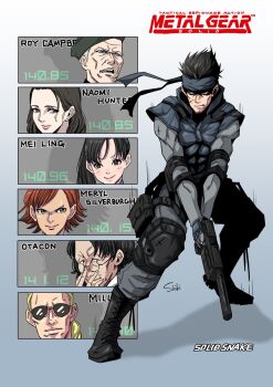 Rule 34 | 3girls, 4boys, adjusting eyewear, black boots, black hair, black hat, black headband, blonde hair, boots, brown hair, copyright name, cross scar, facial scar, full body, furrowed brow, glasses, grey pants, grey shirt, gun, hal emmerich, hat, head only, headband, highres, holding, holding gun, holding weapon, holster, kazuhira miller, knee pads, lakugali shiki, light blush, long hair, mei ling, meryl silverburgh, metal gear (series), metal gear solid, multiple boys, multiple girls, naomi hunter, pants, parted bangs, ponytail, round eyewear, roy campbell, scar, scar on cheek, scar on face, shirt, short hair, smile, solid snake, sunglasses, thigh holster, weapon