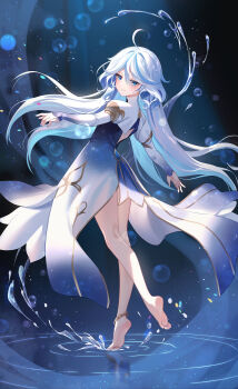 1girl absurdres ahoge anklet artist_name back_cutout barefoot blue_dress blue_eyes blue_hair blue_nails blurry bokeh bubble closed_mouth clothing_cutout commentary_request cowlick depth_of_field dress drop-shaped_pupils feet focalors_(genshin_impact) from_behind full_body furina_(genshin_impact) genshin_impact gradient_clothes gradient_dress hair_between_eyes highres jewelry juliet_sleeves lalazyt light_blue_hair light_particles long_hair long_sleeves looking_back outstretched_arms puffy_sleeves ripples soles solo spoilers spread_arms symbol-shaped_pupils water white_dress