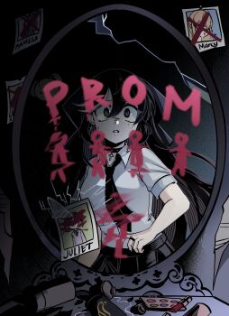 1girl absurdres black_choker black_eyes black_hair black_necktie black_skirt breasts broken_mirror choker commentary crack cracked_glass cross cross_choker cross_earrings crossed_out double-parted_bangs earrings english_commentary female_pov glass_shards hair_between_eyes highres jewelry long_hair looking_at_mirror looking_at_viewer medium_breasts mirror multicolored_hair necktie original parted_lips photo_(object) pov reflection ring ryuuxin sadie_(ryuuxin) scared shirt short_sleeves skirt solo stick_figure streaked_hair white_shirt wide-eyed