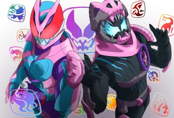 2boys bird black_gloves blue_eyes brachiosaurus rider_belt eagle fist_bump gloves gorilla jackal kamen_rider kamen_rider_revi kamen_rider_revice kamen_rider_vice lion looking_at_viewer mammoth megalodon miyabi_(037) multiple_boys pink_gloves pink_scarf praying_mantis pterosaur red_eyes revice_driver rex_genome rider_belt scarf sharp_teeth stamp_mark teeth tyrannosaurus_rex wings