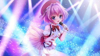 1girl armband audience bare_shoulders beret blue_eyes blue_ribbon blush bow bowtie breasts buttons colored_lights concert diagonal-striped_bow diagonal-striped_bowtie diagonal-striped_clothes dot_nose double-breasted dress film_grain game_cg gloves hair_intakes hand_on_own_chest hat hat_ribbon hiiragi_kae holding holding_microphone idol idol_clothes indoors izumi_tsubasu layered_skirt lens_flare looking_at_viewer medium_breasts microphone non-web_source official_art open_mouth pink_hair pink_skirt re:stage! red_armband red_bow red_bowtie red_hat ribbon see-through_clothes see-through_skirt short_dress short_hair skirt smile solo stage stage_lights striped_bow striped_bowtie striped_clothes striped_ribbon white_dress white_gloves white_skirt