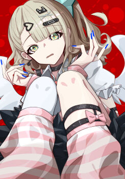 Rule 34 | 1girl, absurdres, bandaid, bandaid hair ornament, black choker, black skirt, blue nails, brown hair, choker, collared shirt, earrings, fang, green eyes, hair ornament, hands up, highres, jewelry, leg warmers, looking at viewer, multiple hair clips, musical note earrings, mutsu aya, pink leg warmers, red background, shirt, sidelocks, simple background, skirt, solo, striped leg warmers, sunna (zenless zone zero), white shirt, white wings, wings, zenless zone zero