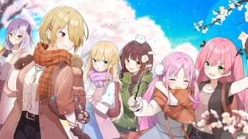 6+girls :d aikawa_megumi animal animal_on_head arm_up asakura_karen_(heaven_burns_red) backpack bag belt blonde_hair blue_dress blue_eyes blue_skirt blue_sky blurry blurry_background blurry_foreground blush braid brown_belt brown_coat brown_eyes brown_gloves brown_hair brown_skirt casual cat cherry_blossoms closed_eyes closed_mouth cloud coat commentary_request day depth_of_field double_bun dress falling_petals flower glasses gloves green_eyes green_hoodie hair_between_eyes hair_bun hair_flower hair_ornament hair_over_one_eye hair_over_shoulder hair_ribbon hairclip heaven_burns_red highres holding holding_wand hood hood_down hoodie hug izumi_yuki_(heaven_burns_red) jacket jewelry kayamori_ruka kunimi_tama long_hair long_sleeves low_twintails multiple_girls necklace on_head open_clothes open_jacket open_mouth outdoors parted_bangs petals pink_hair pink_scarf plaid_clothes plaid_scarf pom_pom_(clothes) pom_pom_hair_ornament purple_hair red_eyes ribbon rinki_oohen round_eyewear scarf shirt short_hair short_sleeves sidelocks skirt sky smile sweater team_31a_(heaven_burns_red) toujou_tsukasa tree twintails two_side_up v-shaped_eyebrows very_long_hair wand white_flower white_ribbon white_shirt yellow_eyes