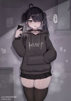 ... 1boy ? absurdres arrow_(symbol) bags_under_eyes black_choker black_eyes black_hair black_hoodie black_nails black_skirt black_thighhighs chinese_commentary choker cigarette clothes_writing collarbone commentary_request cowboy_shot crossdressing crossdressing_(mtf) drawstring drop_shadow ear_piercing earrings empty_eyes english_text expressionless grey_background hair_over_one_eye hand_in_pocket hand_up heart heart_choker highres holding holding_phone hood hood_down hoodie indoors jewelry jitome long_hair long_sleeves looking_at_viewer male_with_breasts microskirt mouth_hold multicolored_hair nail_polish one_eye_covered original phone piercing pixiv_username pleated_skirt pocket puffy_long_sleeves puffy_sleeves purple_streaks rbq_lilim recycle_bin recycling_symbol sidelocks simple_background skindentation skirt smoke smoking spoken_ellipsis spoken_question_mark standing straight-on streaked_hair thighhighs trap tsurime twintails twitter_username twitter_x_logo two-tone_hair whiteboard wide_hips zettai_ryouiki