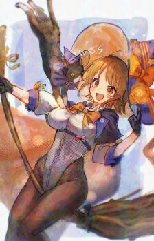 1girl black_gloves black_pantyhose bow broom broom_riding brown_eyes brown_hair cape cat gloves grey_leotard hat jack-o&#039;-lantern_print jacket kantai_collection leotard official_alternate_costume orange_bow orange_cape pantyhose purple_hat richard_p._leary_(halloween)_(kancolle) richard_p._leary_(kancolle) short_hair two-sided_cape two-sided_fabric unsinkable_sam white_jacket witch_hat wss_(nicoseiga19993411)