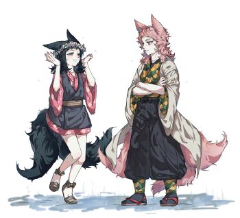 1boy 1girl animal_ears baggy_pants black_hair black_pants black_socks blue_eyes closed_mouth commentary_request crossed_arms flat_chest floral_print floral_print_kimono fox_ears fox_tail full_body hands_up haori head_wreath highres japanese_clothes kemonomimi_mode kimetsu_no_yaiba kimono korean_commentary long_hair long_sleeves looking_at_another makomo_(kimetsu) medium_hair multiple_tails pants pink_hair pink_kimono print_kimono sabito_(kimetsu) sandals sash short_kimono simple_background smile socks standing standing_on_one_leg tabi tail th62329 white_background white_haori