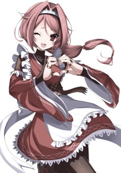 Rule 34 | 1girl, apron, black sash, bodysuit, breasts, detached sleeves, facial mark, frilled apron, frilled kimono, frills, hair intakes, highres, japanese clothes, jewelry, kasukasugom1, kimono, knee up, long hair, long sleeves, looking at viewer, low ponytail, maid, maid apron, maid headdress, multiple rings, open mouth, pink hair, ponytail, re:zero kara hajimeru isekai seikatsu, red eyes, red hair, red kimono, ring, sash, small breasts, smile, solo, turtleneck, turtleneck bodysuit, wa maid, whisker markings, white apron, white background, wide sleeves, yae tenzen