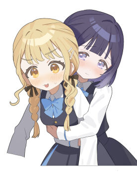 2girls black_hair black_overskirt black_vest blonde_hair blue_bow blue_bowtie blue_skirt blush bob_cut bow bowtie braid brown_ribbon commentary_request cropped_legs dress_shirt fang fujita_kotone gakuen_idolmaster hair_ribbon hataya_misuzu hatsuboshi_gakuen_school_uniform highres hug hug_from_behind idolmaster kamin_(xgef8882) long_hair long_sleeves looking_ahead looking_at_another multiple_girls ribbon school_uniform shirt simple_background skirt skirt_set sweatdrop twin_braids vest white_background white_shirt yuri