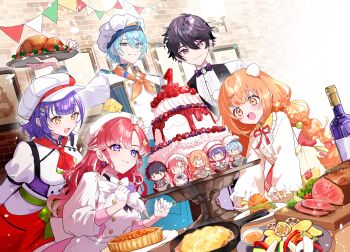2boys 3girls absurdres alcohol black_hair blue_eyes blue_hair bow bowtie braid cake character_doll chilcy35 doll egg_hair_ornament food food-themed_hair_ornament gloves hair_ornament half_gloves hat highres indoors kirara_tamako long_hair multicolored_hair multiple_boys multiple_girls nagisa_trout nanase_suzuna neckerchief nijisanji orange_hair purple_eyes purple_hair red_hair ribbon sakayori_soma saotome_berry short_hair smile speciale_(nijisanji) streaked_hair twin_braids virtual_youtuber yellow_eyes