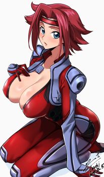 1girl absurdres artist_name ass blue_eyes blush bodysuit breasts code_geass hands_on_own_breasts headband highres kneeling kouzuki_kallen large_breasts looking_at_viewer medium_hair parted_bangs red_hair red_headband shiny_skin simple_background tagme white_background yoo_tenchi