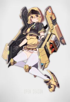 1girl black_gloves black_jacket blonde_hair blush command_&amp;_conquer command_&amp;_conquer:_tiberian_sun commentary ddt_(darktrident) eyewear_on_head female_focus frilled_skirt frills full_body global_defense_initiative gloves grey_background hair_between_eyes highres jacket mecha_musume medium_hair miniskirt open_clothes open_jacket personification pitbull_(ddt_(darktrident)) plaid_clothes plaid_skirt reciever_(module) rocket_launcher roller_skates short_sleeves simple_background skates skirt solo thighhighs visor weapon white_thighhighs yellow_eyes yellow_skirt