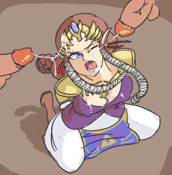 1girl 2boys arms_behind_back blue_eyes braid braided_ponytail breasts brown_hair bukkake cleavage cum cum_on_body cum_on_breasts cum_on_upper_body davewaterfalls disembodied_penis facial kneeling multiple_boys nintendo nipples one_eye_closed penis pointy_ears princess_zelda testicles the_legend_of_zelda the_legend_of_zelda:_twilight_princess tiara