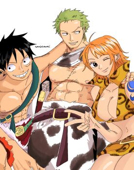 1girl 2boys arm_around_shoulder artist_name bare_shoulders belt belt_buckle black_hair breasts brown_eyes buckle cape cleavage cowboy_shot earrings elasticity fur_trim green_hair grin hand_on_another&#039;s_shoulder highres leopard_print jewelry large_breasts midriff miniskirt monkey_d._luffy multiple_boys muscular muscular_male nami_(one_piece) namixkawaii navel official_alternate_costume one_eye_closed one_piece orange_hair parted_lips popped_collar red_shorts roronoa_zoro scar scar_on_chest sheath sheathed short_hair shorts shoulder_tattoo skirt smile straw_hat_pirates extendable_limbs sword tattoo toned toned_male topless_male upper_body v weapon white_background yellow_skirt