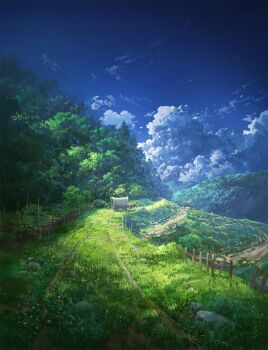 blue_sky cart cloud cloudy_sky commentary covered_wagon cyclecircle day english_commentary fence forest grass highres horse nature no_humans original outdoors path road rock scenery sky tree wooden_fence