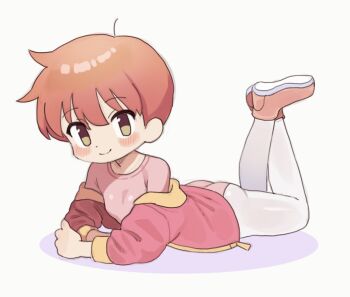 1girl ass athletic_leotard borrowed_character breasts child coat kojirou_(mesurf1) leotard lying on_stomach orange_hair original pantyhose pink_coat pink_leotard pixie_cut short_hair simple_background small_breasts smile tight_clothes tomboy_(orenji) white_background white_pantyhose yellow_eyes