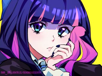 1girl blue_eyes blue_hair blue_nails blunt_bangs bow close-up colored_inner_hair commentary cropped_shoulders dress english_commentary english_text gothic_lolita hair_bow hands_on_own_face highres lipstick lolita_fashion long_hair looking_at_viewer makeup multicolored_hair nail_polish nekoreviedeath panty_&amp;_stocking_with_garterbelt pink_hair purple_hair solo stocking_(psg) twitter_username two-tone_hair upper_body yellow_background