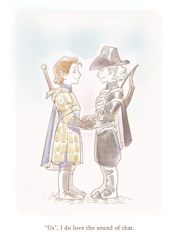 Rule 34 | 2boys, astarion, baldur's gate, baldur's gate 3, bow (weapon), brown hair, cape, couple, dungeons & dragons, dungeons &amp; dragons, english text, hat, highres, holding hands, multiple boys, pale color, pale skin, short hair, sword, tav (baldur's gate), tweedledraws, weapon, white hair, yaoi