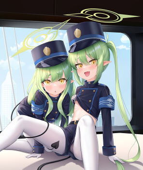 2girls :d armband black_hat blue_archive blue_armband blush cementite clothes_lift clothing_aside demon_tail fang feet_out_of_frame gloves green_hair green_halo halo hat highres hikari_(blue_archive) indoors lifting_own_clothes loli long_hair mesugaki multiple_girls navel nozomi_(blue_archive) open_mouth panties pantyhose pantyhose_under_shorts peaked_cap pointy_ears shirt_lift shorts shorts_aside siblings sidelocks sisters skin_fang smile tail tail_around_another&#039;s_leg twins underwear white_gloves white_panties white_pantyhose window yellow_eyes