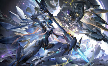 Rule 34 | absurdres, battle, commentary request, exostrider (wuthering waves), highres, holding, holding weapon, humanoid robot, long hair, mecha, robot, sigillum (wuthering waves), veerinly, weapon, wuthering waves