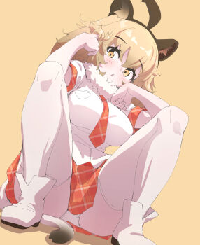 Rule 34 | 1girl, absurdres, animal ears, blonde hair, blush, brown background, commentary request, extra ears, highres, kemono friends, lion (kemono friends), lion ears, lion girl, lion tail, long hair, looking at viewer, lowlandgorilla, necktie, panties, scarf, shirt, shoes, simple background, sitting, skirt, solo, tail, thighhighs, underwear, yellow eyes
