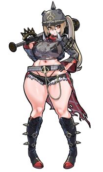 1girl absurdres aged_up alternate_breast_size_(larger) ammunition ammunition_belt baseball_bat black_boots black_bra black_gloves black_jacket black_shorts blonde_hair boots bra breasts combat_helmet crossed_bangs curvy emblem full_body gloves hair_between_eyes hand_on_own_hip helmet high_heel_boots high_heels highleg highleg_panties highres holding holding_weapon jacket large_breasts looking_at_viewer luciana_de_montefio mask micro_bra micro_shorts midriff mold_(pixiv6616319) mouth_mask navel open_clothes open_jacket over_shoulder panties panty_straps red_eyes red_panties see-through_clothes see-through_shirt shirt shorts sidelocks simple_background skindentation solo spiked_boots spiked_helmet spiked_knuckles standing thick_thighs thighs torn_clothes tusks underwear weapon weapon_over_shoulder white_background wide_sleeves zenless_zone_zero
