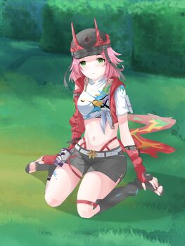 1girl absurdres arm_support asymmetrical_clothes asymmetrical_legwear belt black_hat blush boots buckle closed_mouth crop_top fiverr_commission from_side full_body gimmarak gloves graffiti green_eyes hands_on_feet hat helmet highres honkai:_star_rail honkai_(series) horns jacket leg_tattoo legband looking_at_viewer midriff navel non-web_source on_grass pink_hair rappa_(honkai:_star_rail) red_horns red_jacket shadow shirt short_hair short_shorts short_sleeves shorts sidelocks sitting solo tattoo thigh_strap thighs toes wariza white_shirt white_shorts